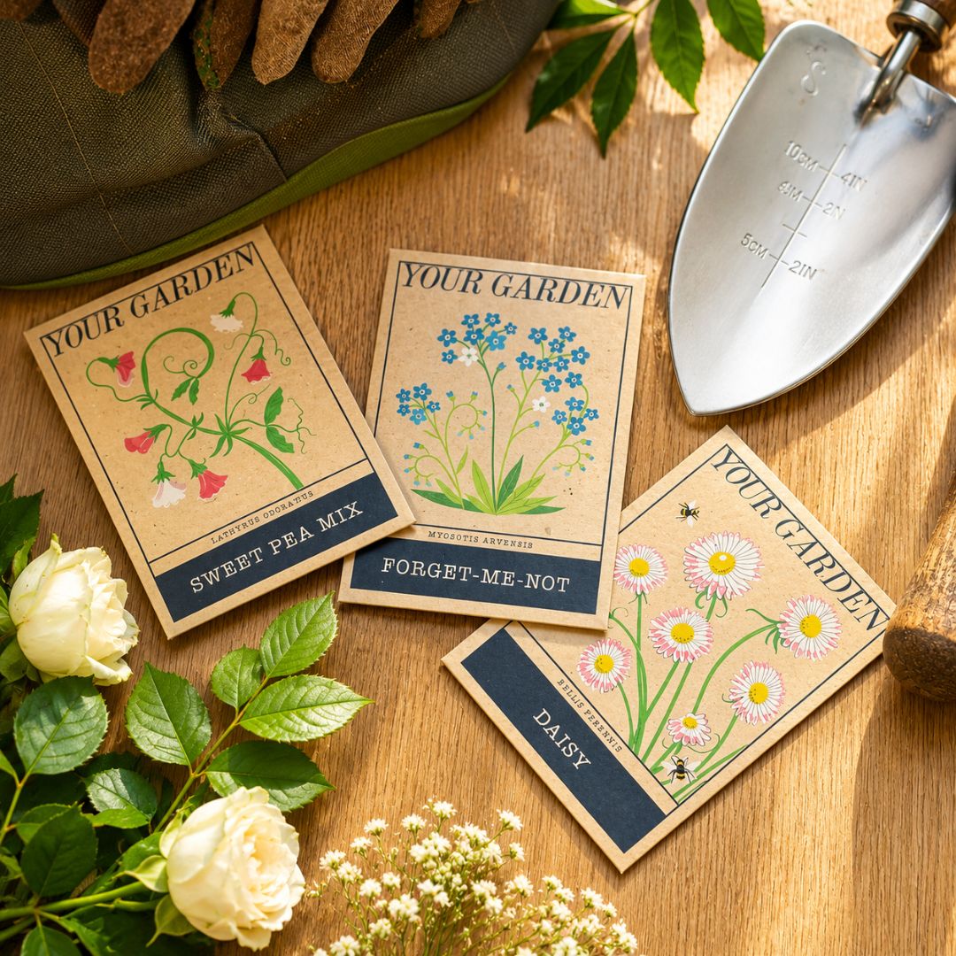 Three illustrated seed packets labeled &