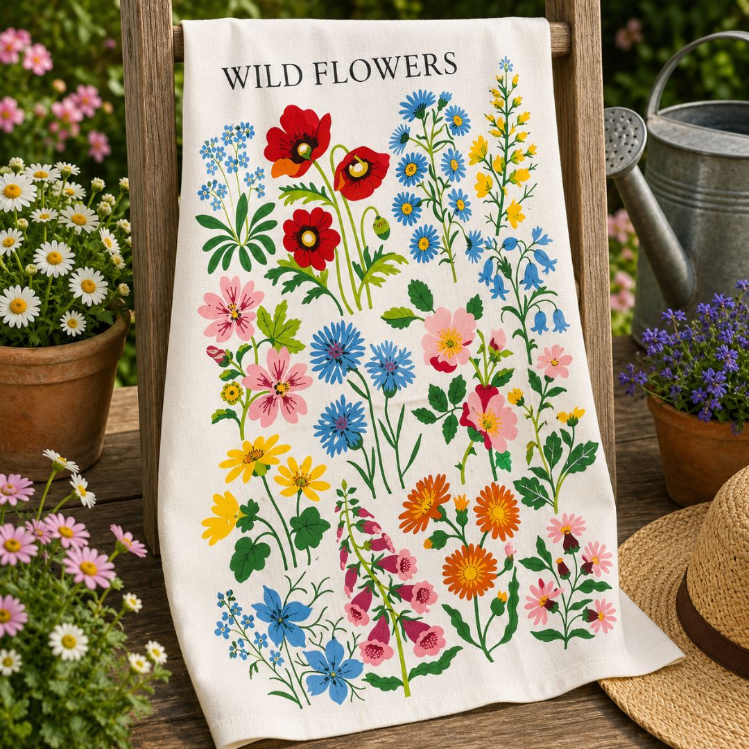A cream-colored tea towel with a colorful embroidered &