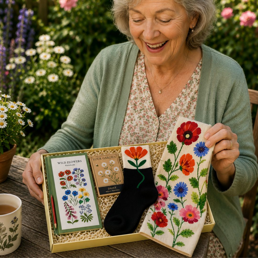An older woman smiling in a garden setting, holding an open gift box that contains embroidered socks and a floral needlework kit. The box also contains a small card with floral buttons and a mug on the table.