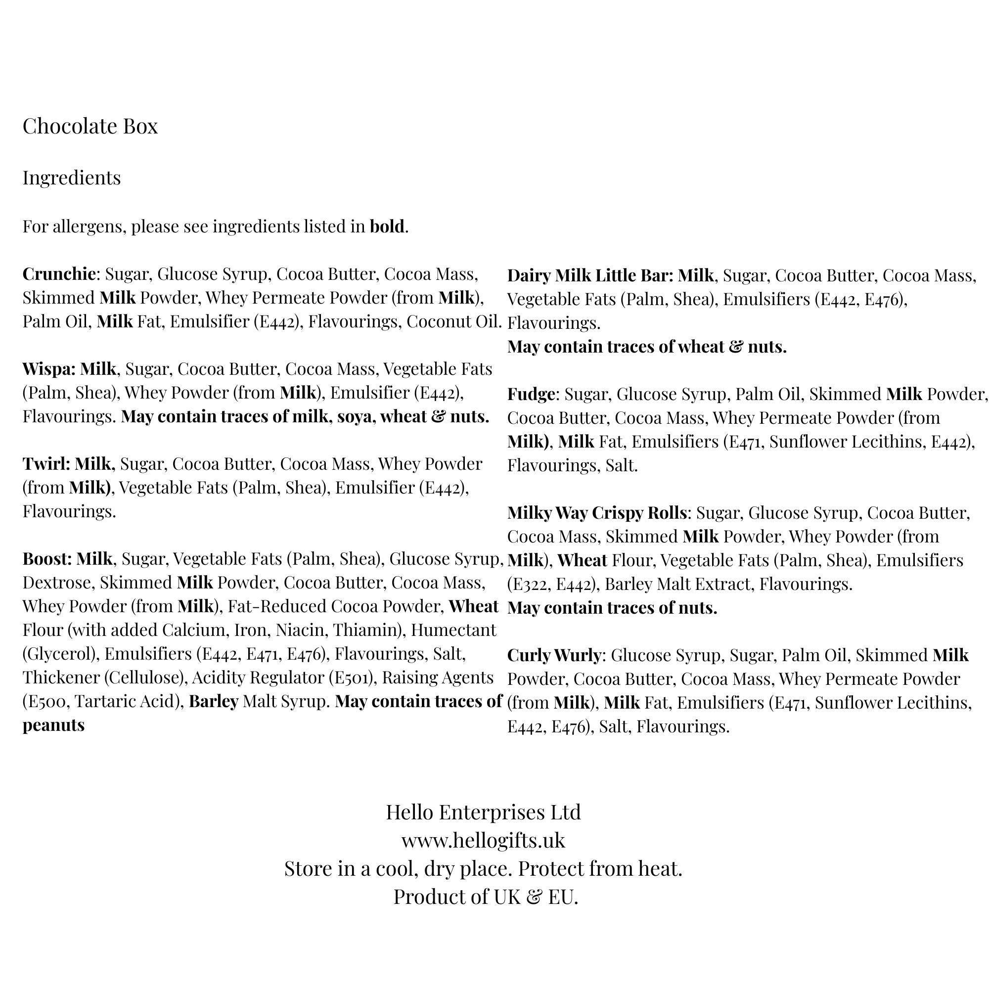 List of ingredients for a chocolate box on a white background