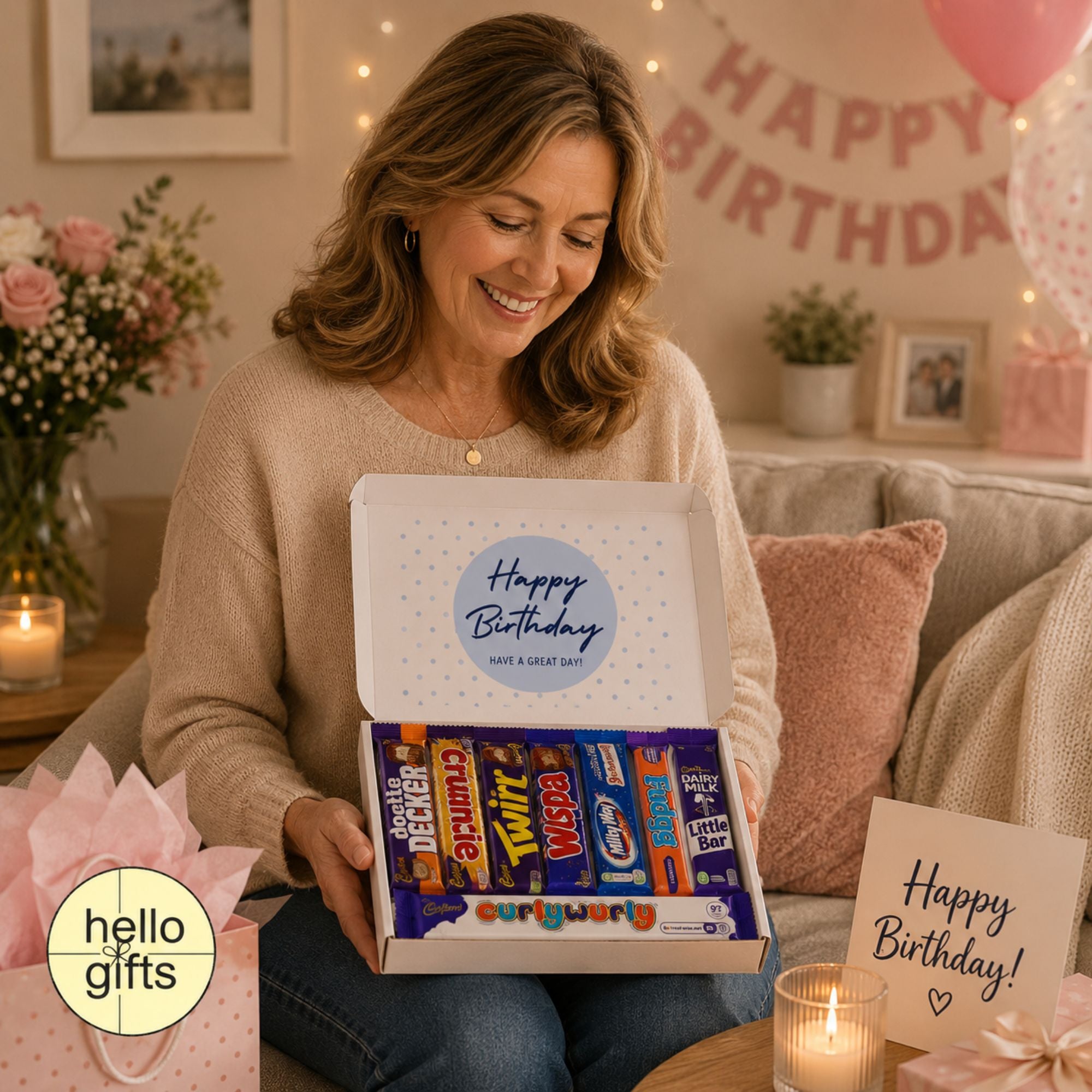 Woman opening a box of chocolate bars with &