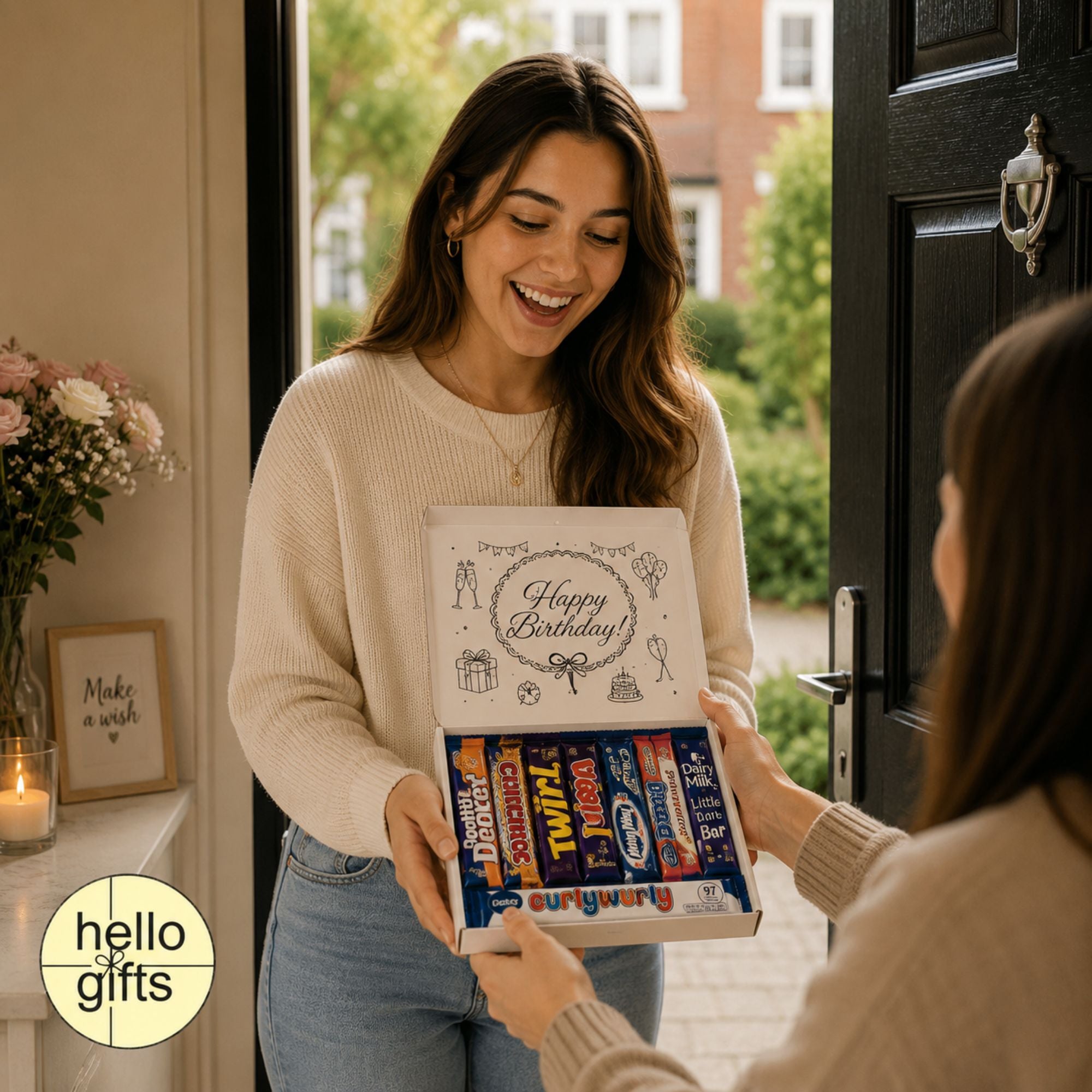 Woman receiving a birthday gift box with chocolate bars from another person at a doorstep.