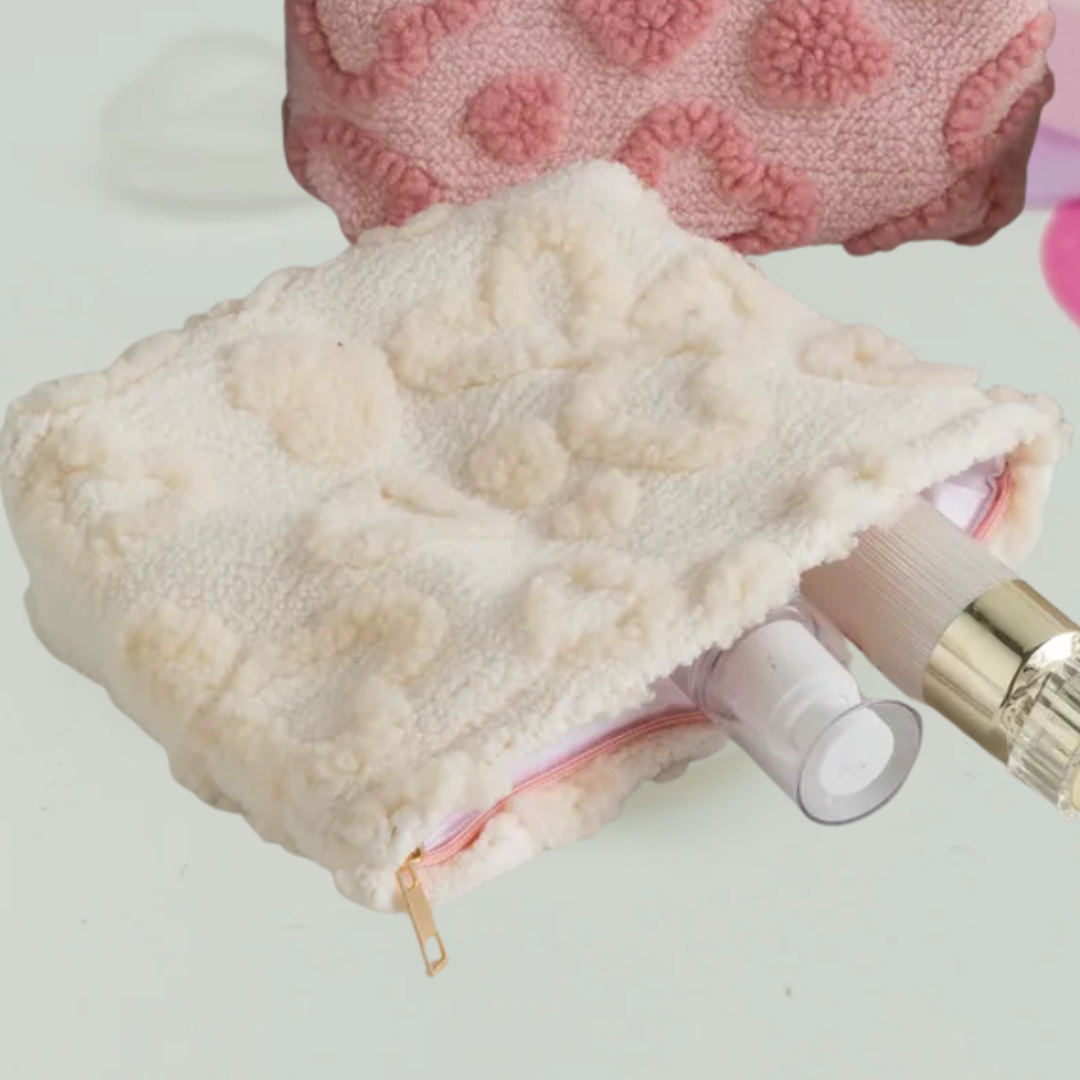 Cream Plush Heart Makeup Bag