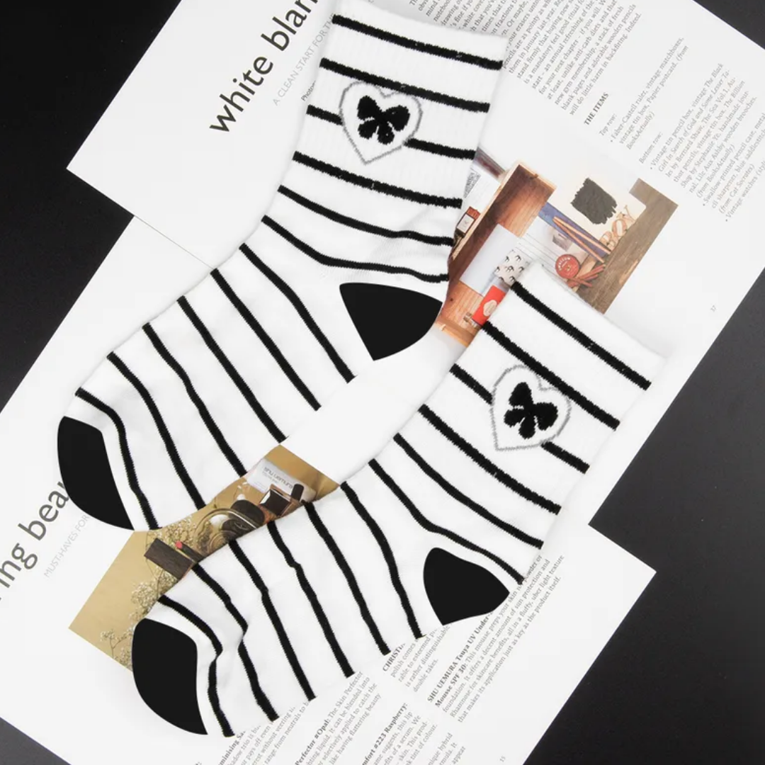 Black and White striped socks with heart and bow detail