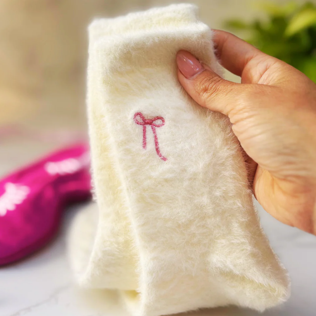 Cream Fluffy Socks with Pink Bow