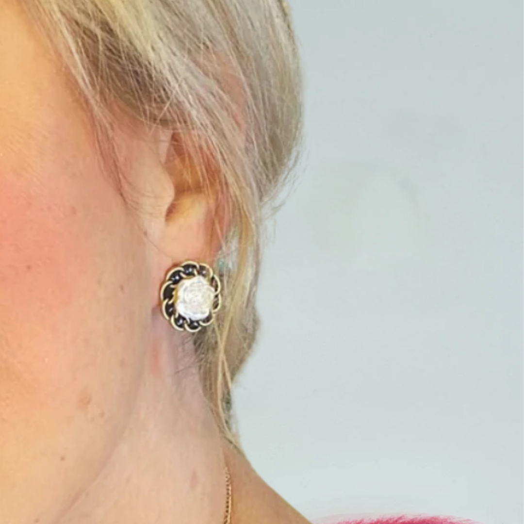Black & Gold - White Rose Stud Earrings