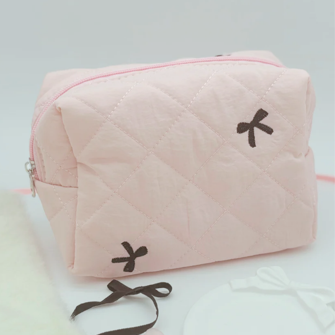 Pink Quilted Bow Makeup Bag