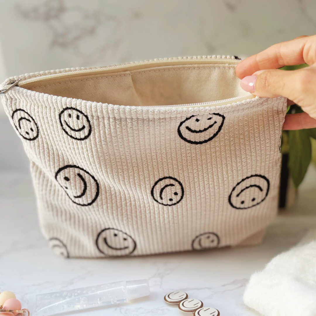 Cream Smiley Corduroy Cosmetics Bag