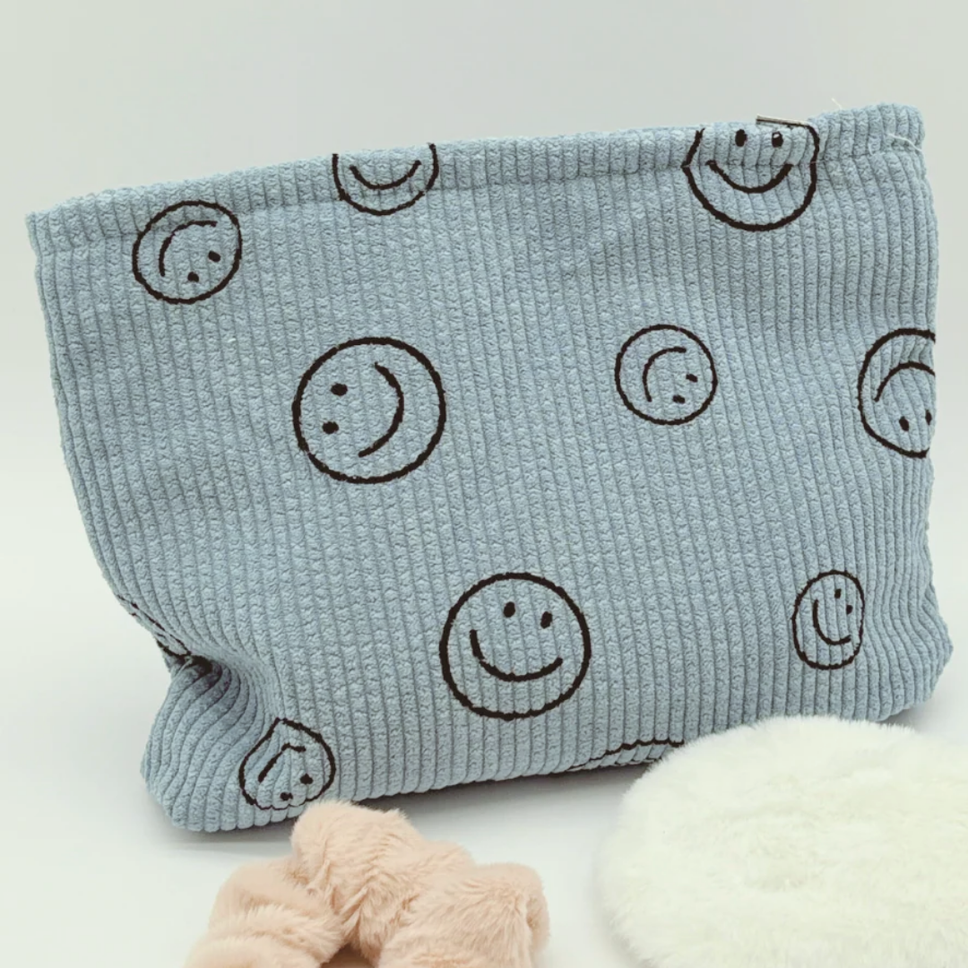 Blue Smiley Face Corduroy Cosmetics Bag