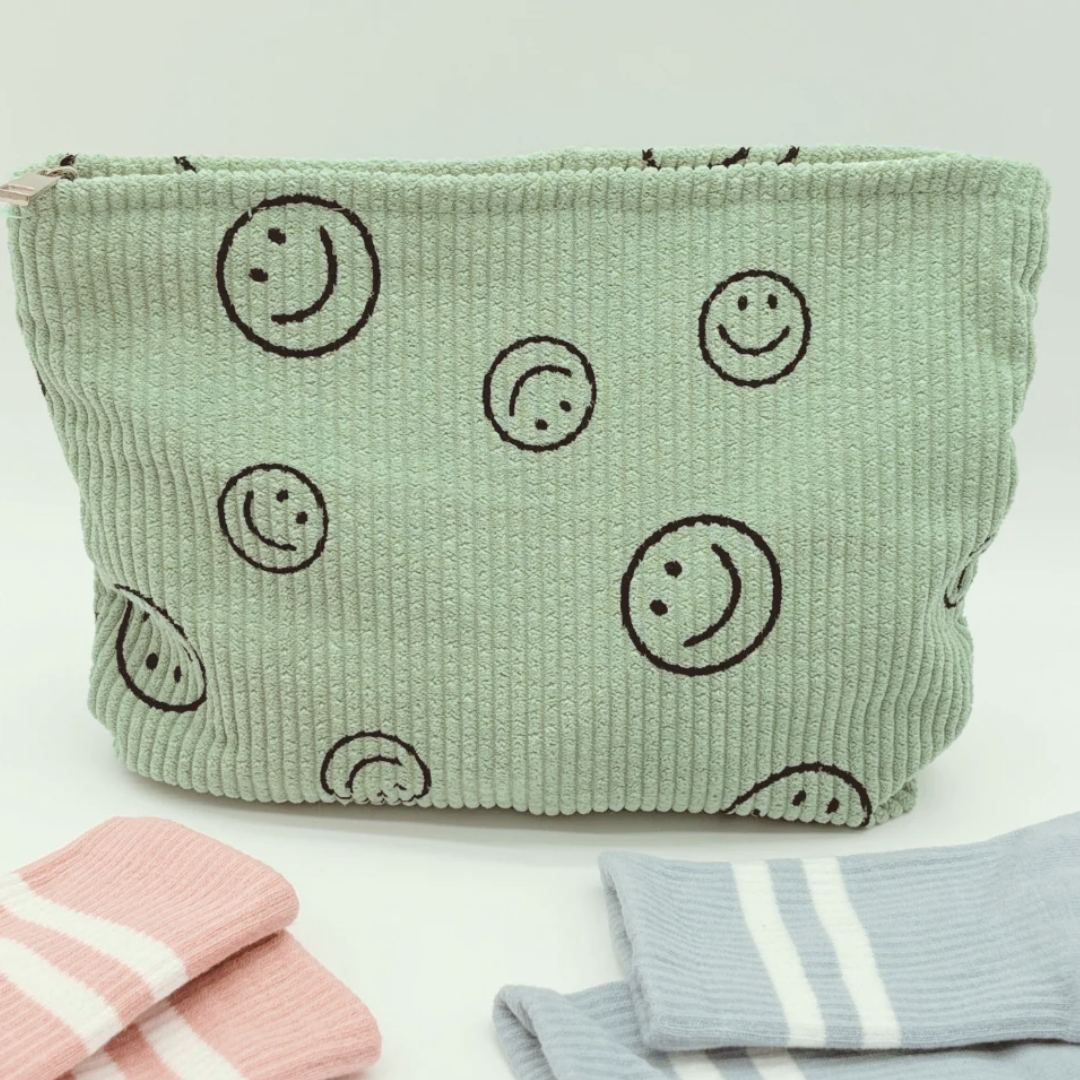 Mint Green Smiley Face Corduroy Cosmetics Bag