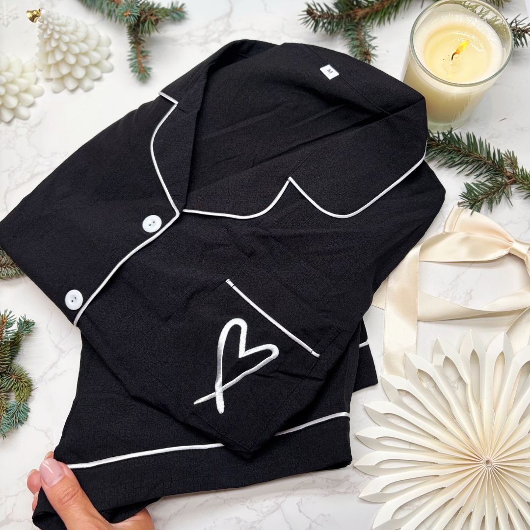 Luxury Monochrome Pyjamas Gift Box – Chic Black Christmas PJ Set with Eye Mask & Satin Bow