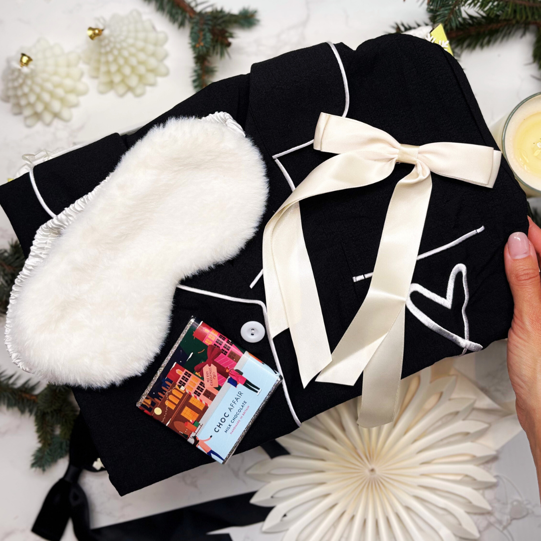 Luxury Monochrome Pyjamas Gift Box – Chic Black Christmas PJ Set with Eye Mask & Satin Bow
