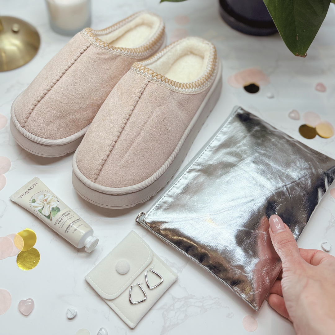 Cosy Self Care Gift For Her – Slippers, Gold Earrings, Makeup Bag & Hand Cream (SILVER)