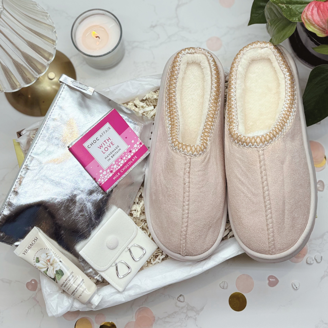 Cosy Self Care Gift For Her – Slippers, Gold Earrings, Makeup Bag & Hand Cream (SILVER)