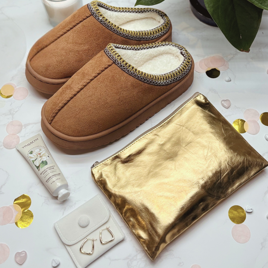 Cosy Self Care Gift For Her – Slippers, Gold Earrings, Makeup Bag & Hand Cream (GOLD)