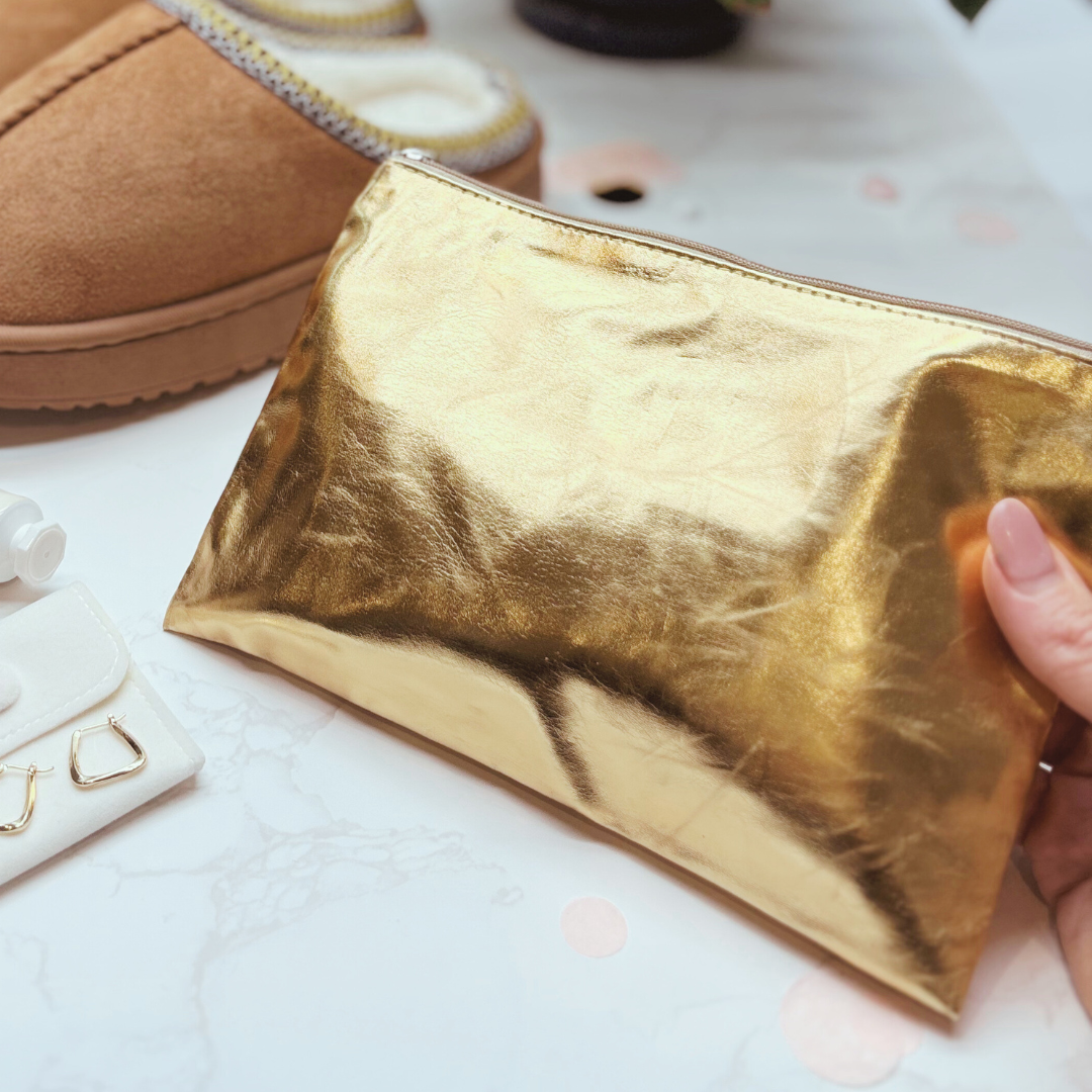 Cosy Self Care Gift For Her – Slippers, Gold Earrings, Makeup Bag & Hand Cream (GOLD)