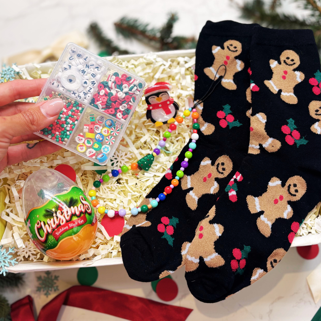Kids & Tween Christmas Craft Gift Box – Festive Socks, Crafts, Toy, Hair Clip & Bag Charm