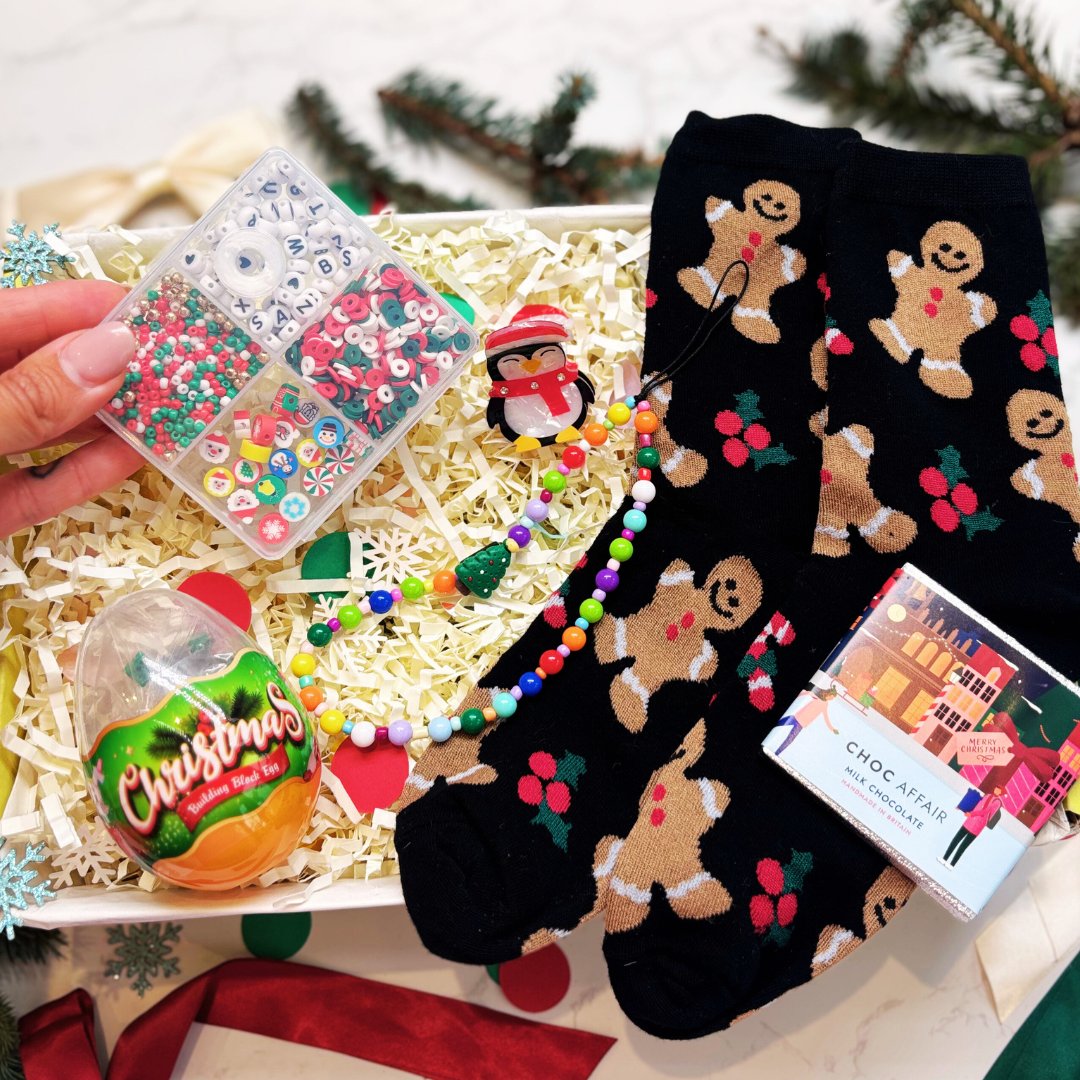 Kids & Tween Christmas Craft Gift Box – Festive Socks, Crafts, Toy, Hair Clip & Bag Charm