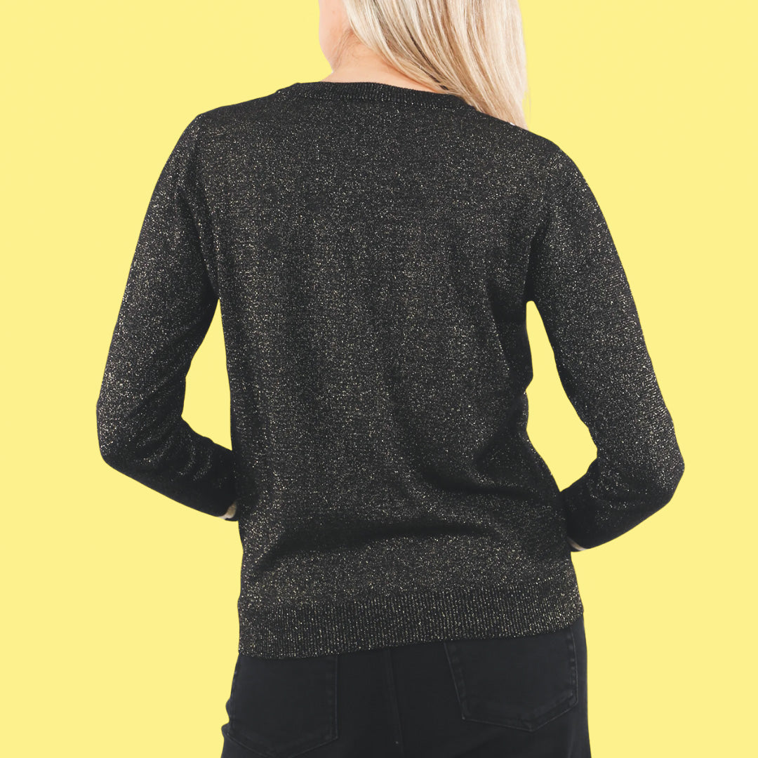 Black Glitter Jumper With Gold Star And Stripe Print