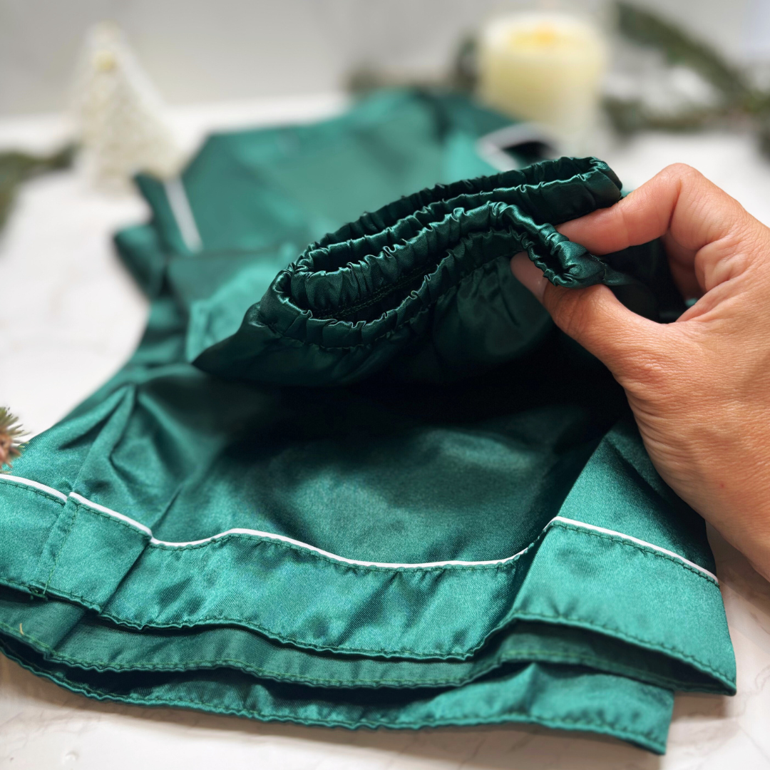 Festive Luxury Pyjama Gift Box – Satin Christmas PJs, Candle, Socks & Accessories for Her - FESTIVE GREEN