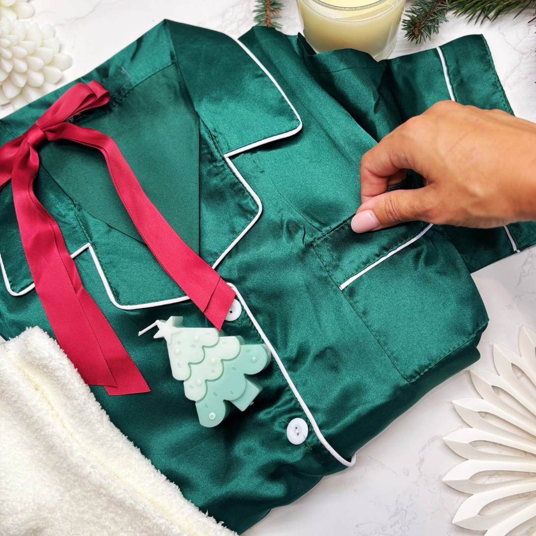 Festive Luxury Pyjama Gift Box – Satin Christmas PJs, Candle, Socks & Accessories for Her - FESTIVE GREEN