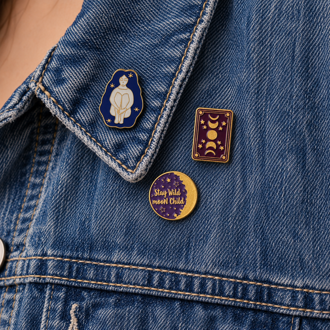 Three celestial-themed enamel pins displayed on a blue denim jacket. The pins feature a blue outline with a white figure and stars, a purple tarot card with gold moon phases, and a purple circle with gold text reading &