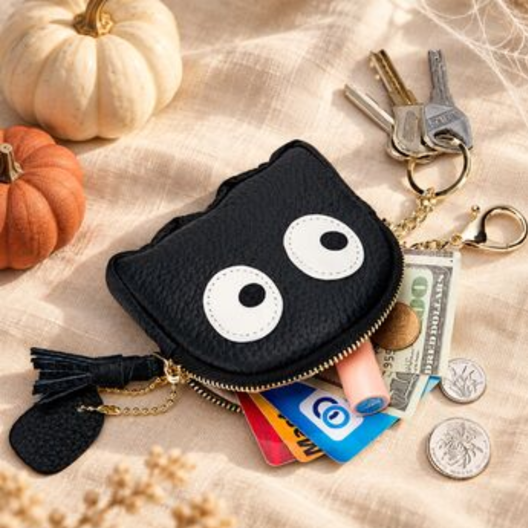 A black leather coin purse with a cat-like face design, shown filled with cards, cash, keys, and coins on a beige fabric surface with pumpkins in the background.