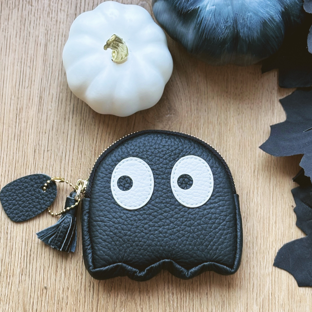 Real Leather Black Ghost Purse – Card, Coin & Keyring Holder with Tassel