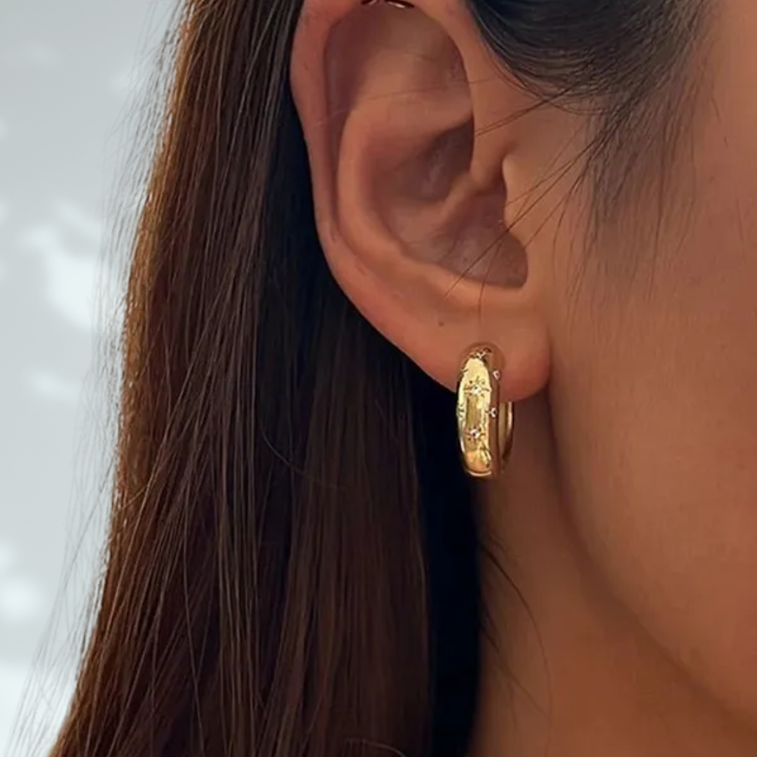 Gold Crescent Hoop Earrings (Black or Clear Gem)