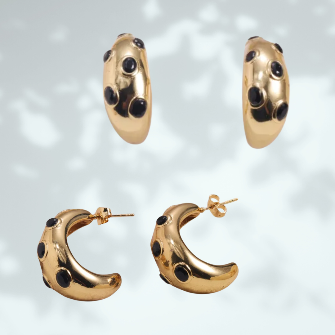 Gold Crescent Hoop Earrings (Black or Clear Gem)