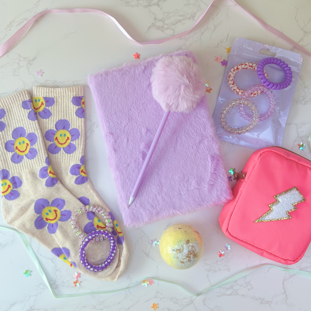 Gift Box For Girls – Fluffy Notebook And Self Care Treats – Lilac Edition