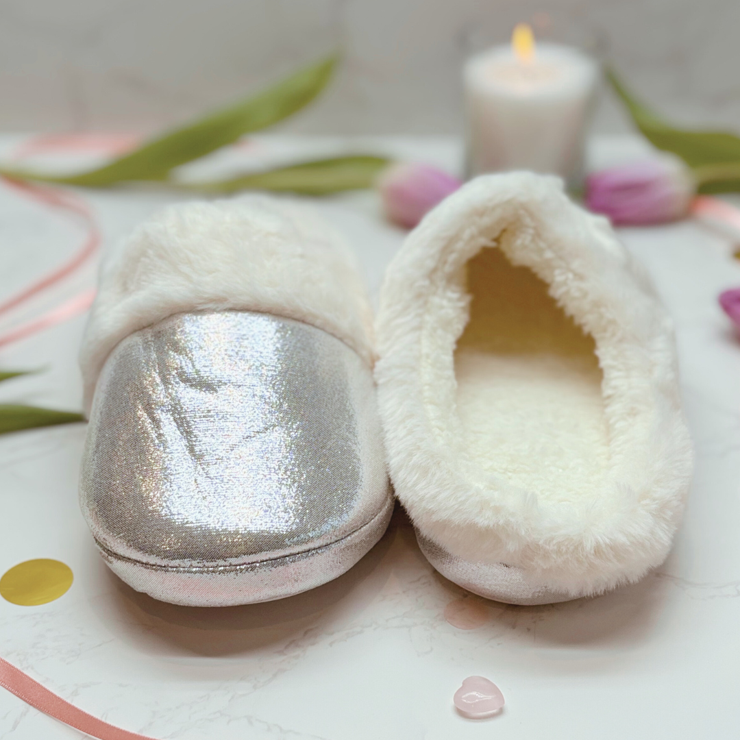 Fluffy Faux Fur Slippers For Her – Silver Sparkly Cosy Slippers