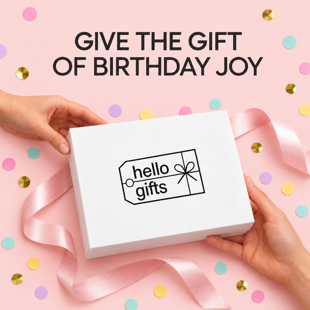 A white square gift box with a black &
