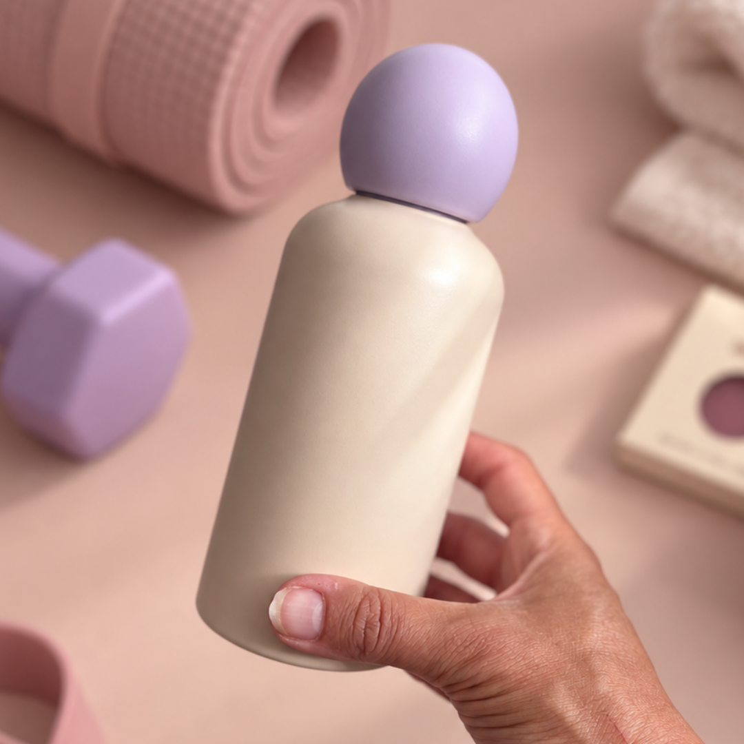 A hand holding a matte cream-colored bottle with a lavender spherical cap, set against a soft pink background with blurred fitness props.
