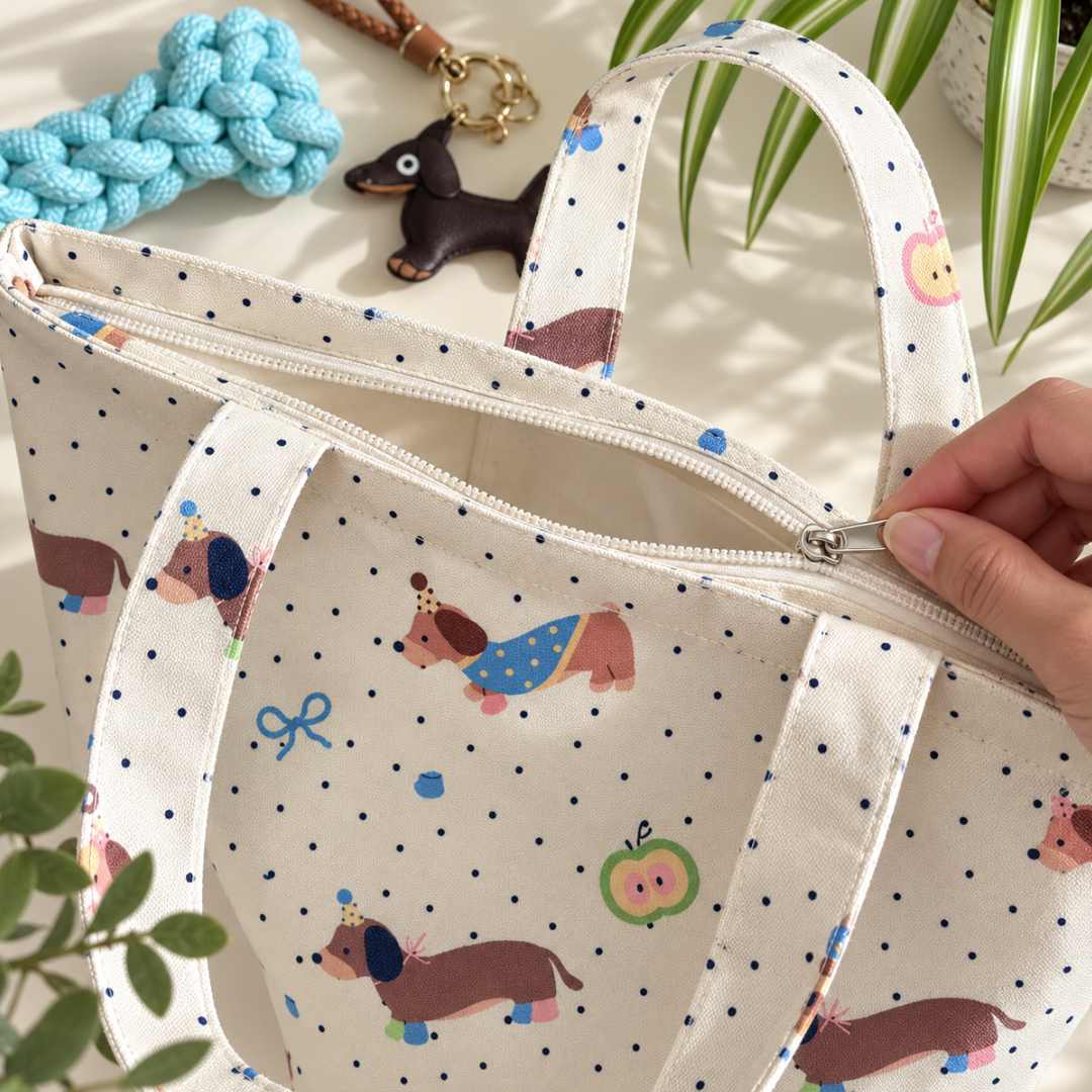 A close-up of a canvas tote bag with a cream background, navy polka dots, and a pattern of dachshunds and small accessories, being held open by a hand. The bag is styled with a blue knitted ball, a dachshund keychain, and green plant leaves on a light surface.