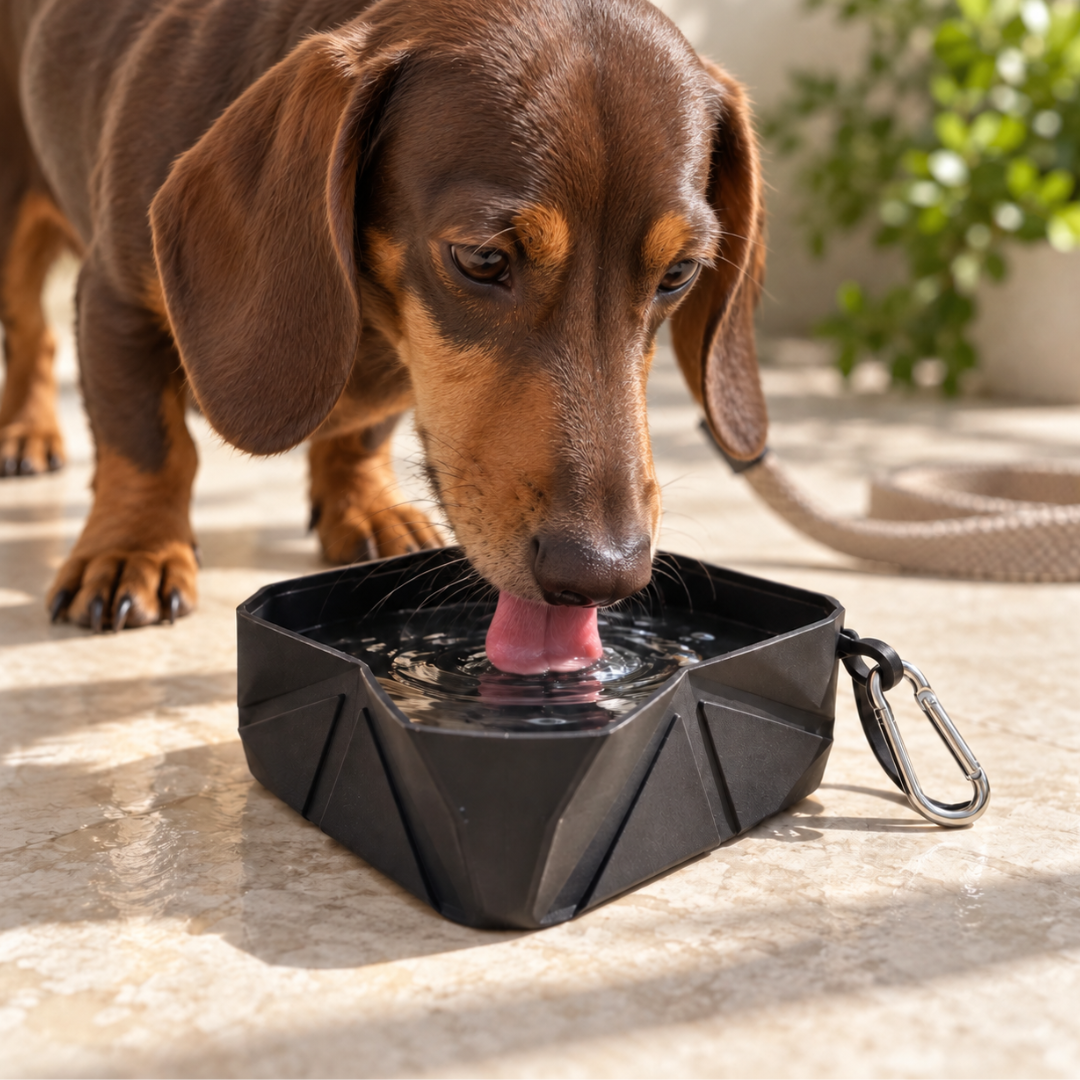 A dachshund drinking from a black geometric pet water bowl with a carabiner clip, on a stone patio.