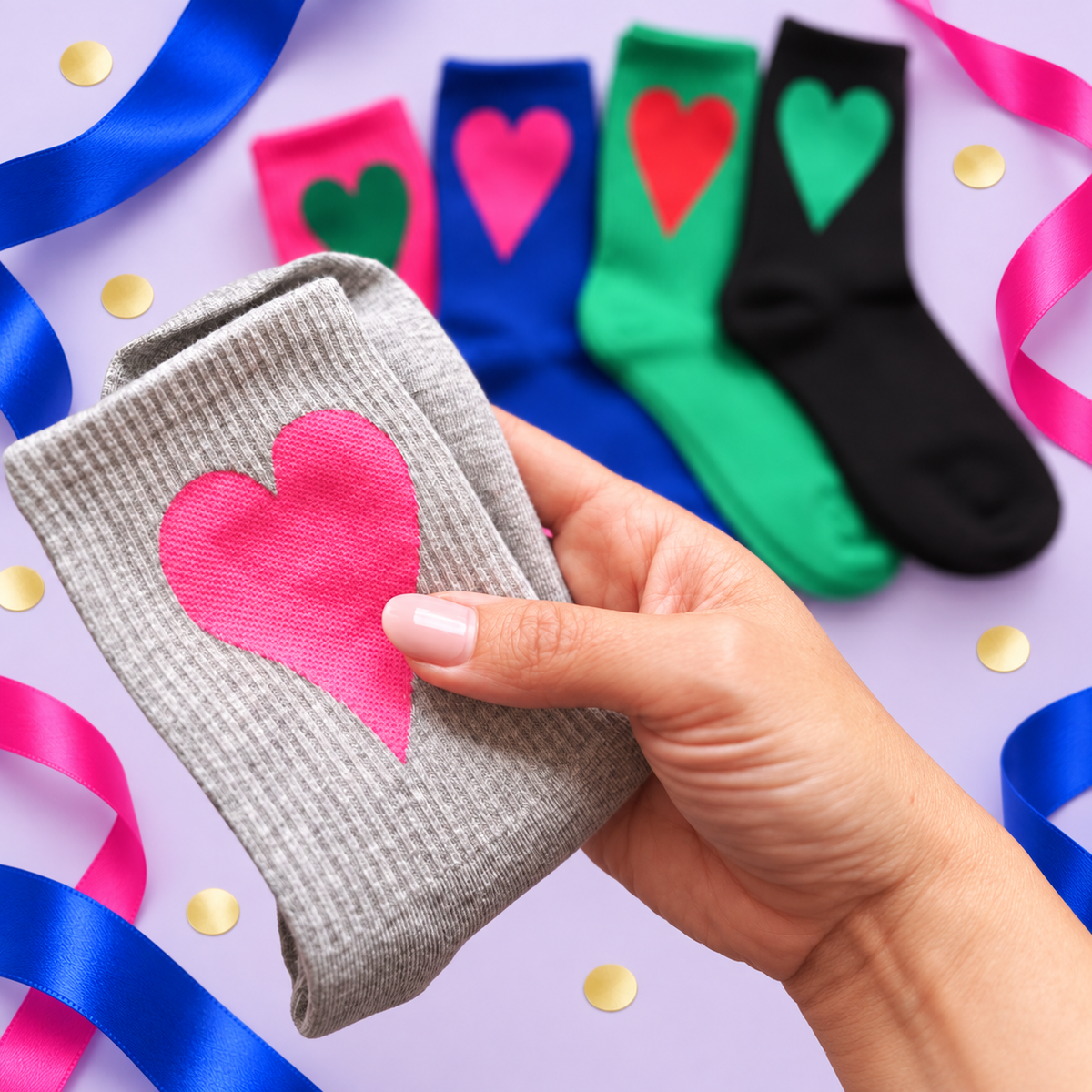 A hand holds a gray ribbed sock with a large pink heart, with four more colorful socks in the background on a lavender surface with ribbon and confetti.