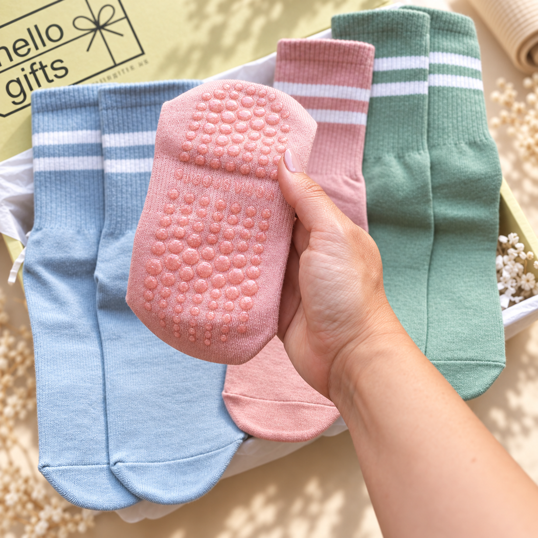 A hand holds a pink sock with a raised bubble grip sole in front of three folded ankle socks in light blue, pink, and sage green, arranged in a gift box with a &