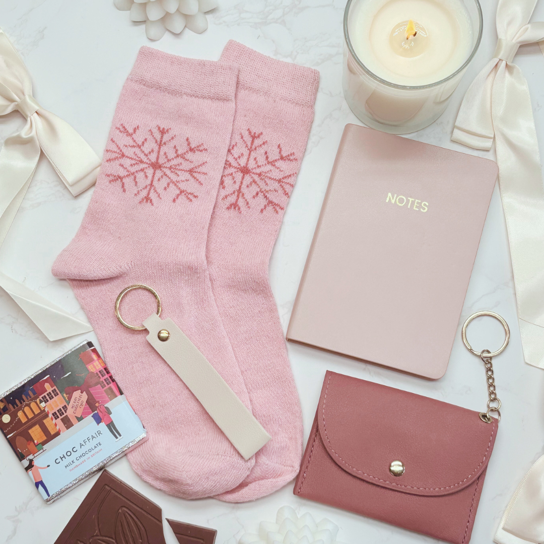 Luxury Pink Letterbox Gift for Her – Notebook, Socks, Purse & Key strap