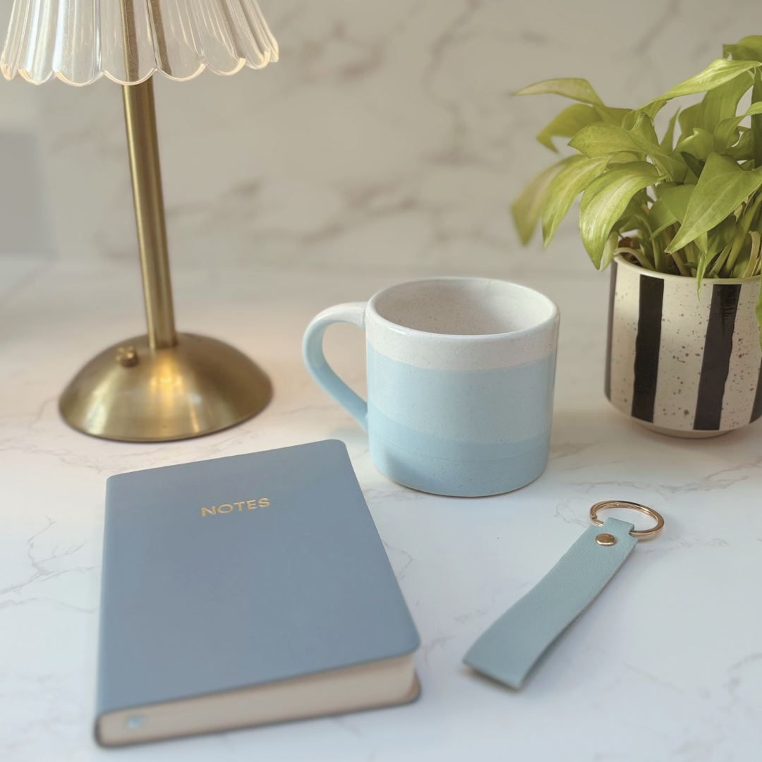 Stylish Gift Box For Her – Ombre Mug, Notebook And Keyring Set In Blue