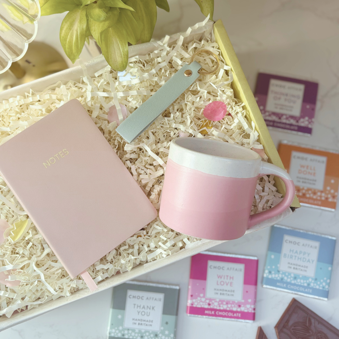 Stylish Gift Box For Her – Ombre Mug, Notebook And Keyring Set In Pink
