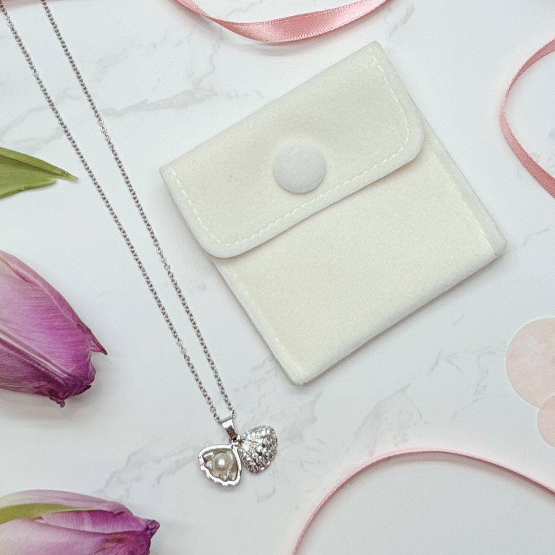 Pearl Shell Necklace – Opens To Reveal A Pearl, Silver Plated With Cubic Zirconia Detail