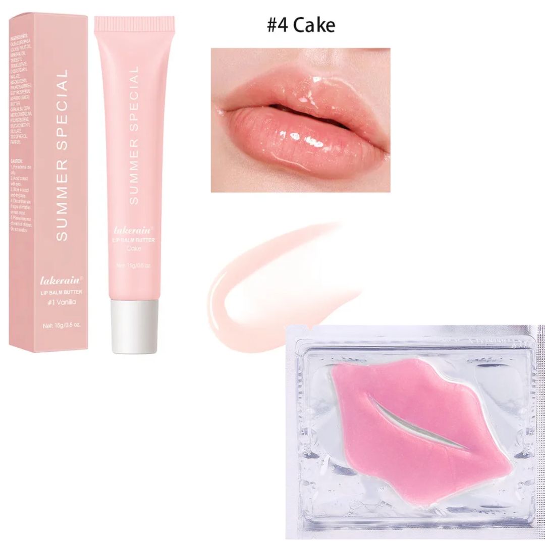 Lip care product set with lip balm, packaging, and pink lip mask on a white background.