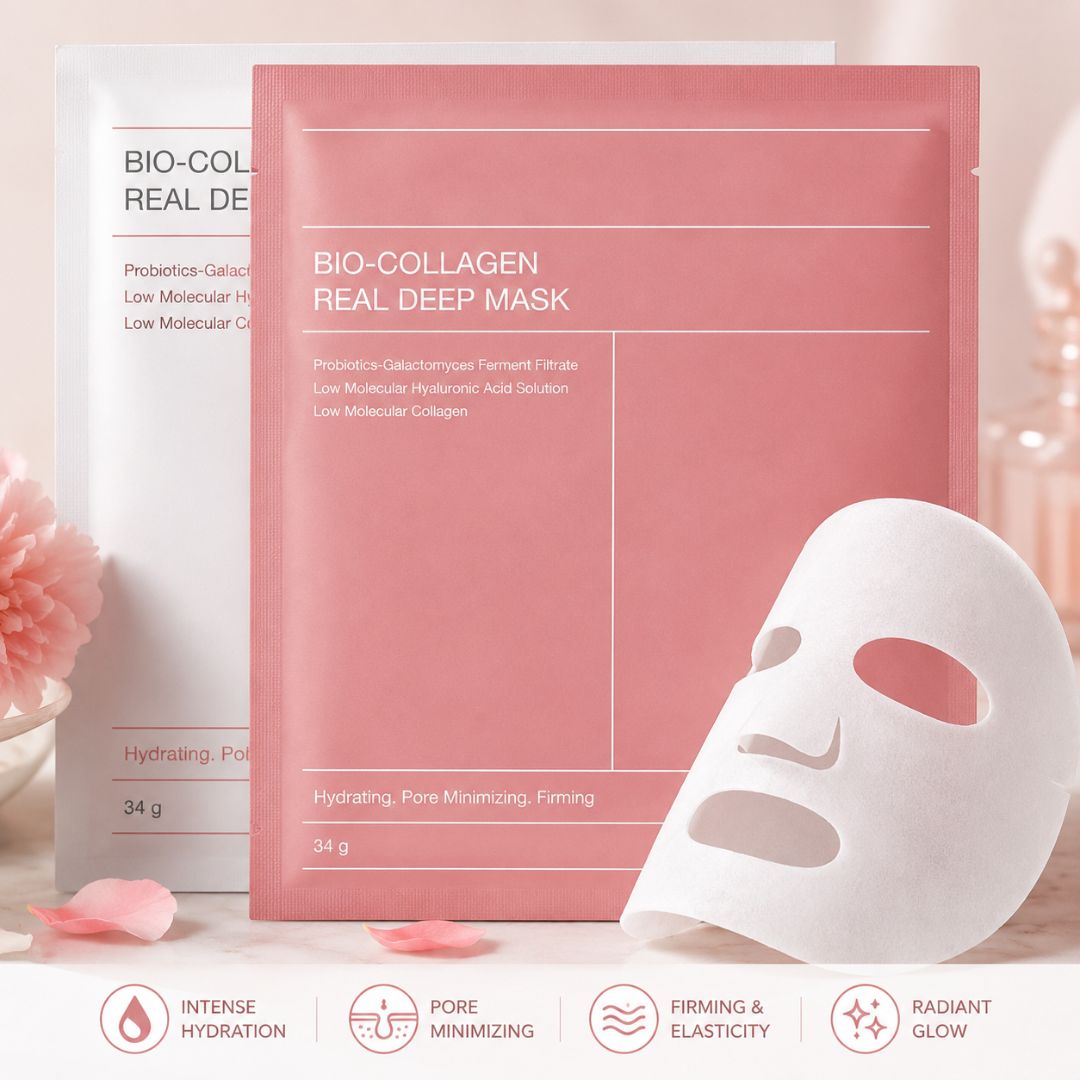 Bio-Collagen Real Deep Mask packaging with a white mask on a light background