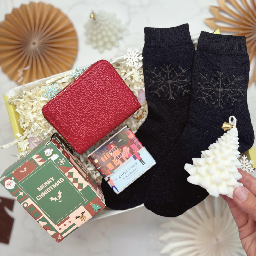 Red Purse, Snowflake Socks & Chocolate Christmas Gift Box for Her (Optional Candle)