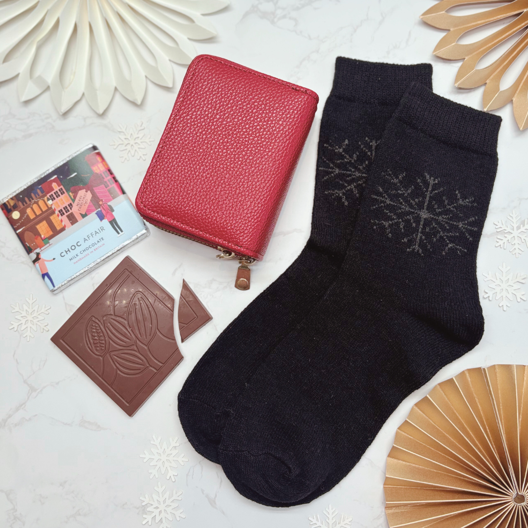Red Purse, Snowflake Socks & Chocolate Christmas Gift Box for Her (Optional Candle)