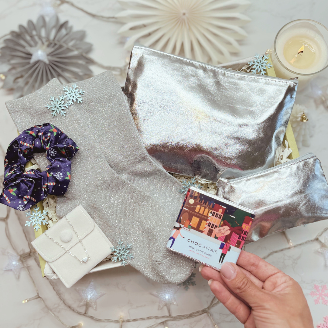 Christmas Party Ready Letterbox Gift – SILVER. Sparkle Socks, Bracelet, Silver Purses & Festive Accessories for Her