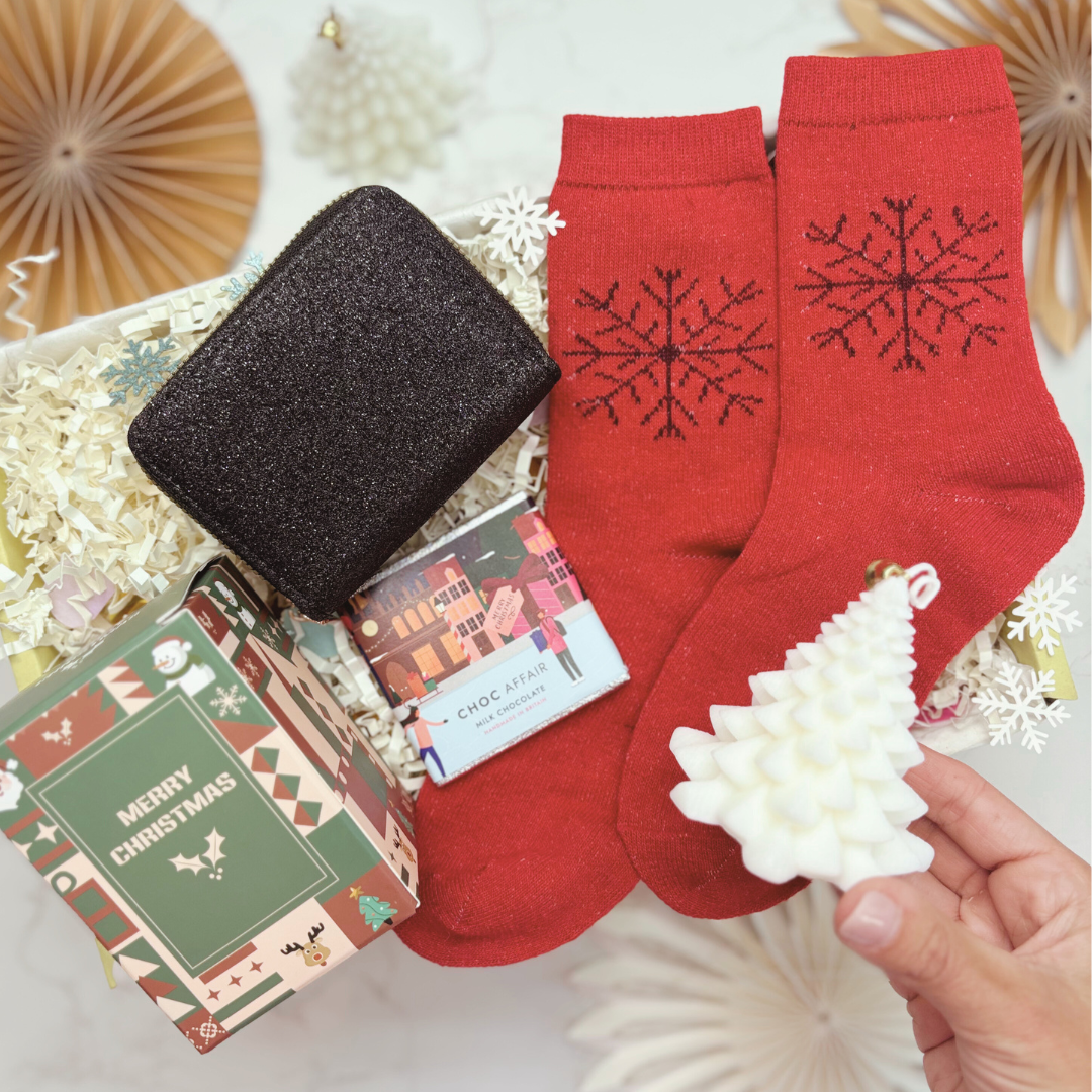 Glitter Purse, Festive Socks & Chocolate Christmas Gift Box BLACK – Gift for Her (Optional Candle)