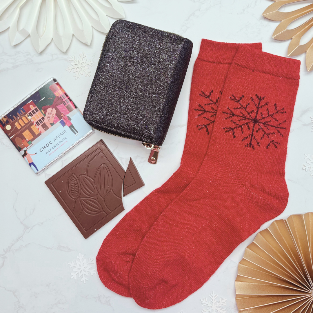 Glitter Purse, Festive Socks & Chocolate Christmas Gift Box BLACK – Gift for Her (Optional Candle)