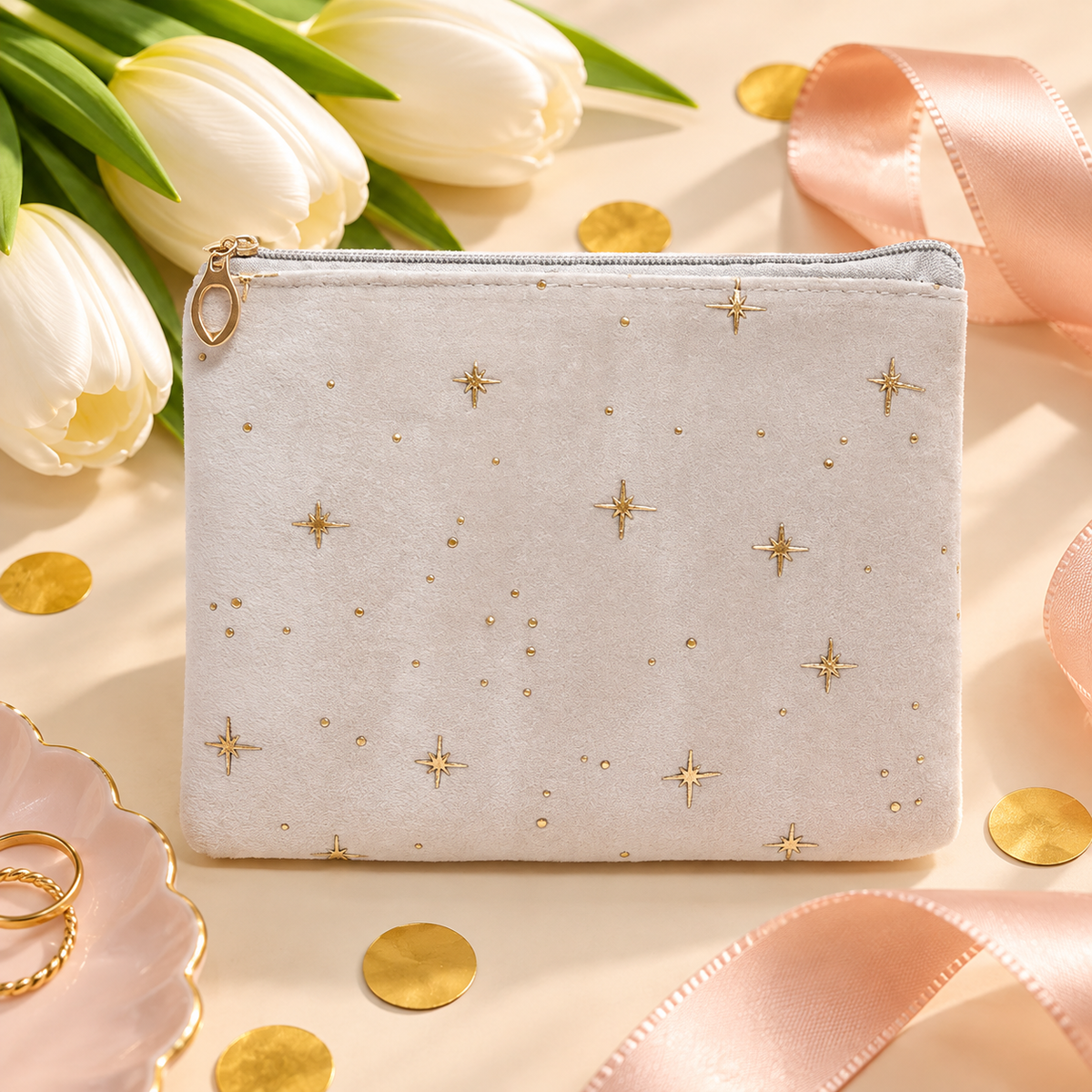 A light gray velvet zipper pouch decorated with gold star and dot patterns, styled on a beige surface with white tulips, gold confetti, a pink satin ribbon, and a pink ring dish.